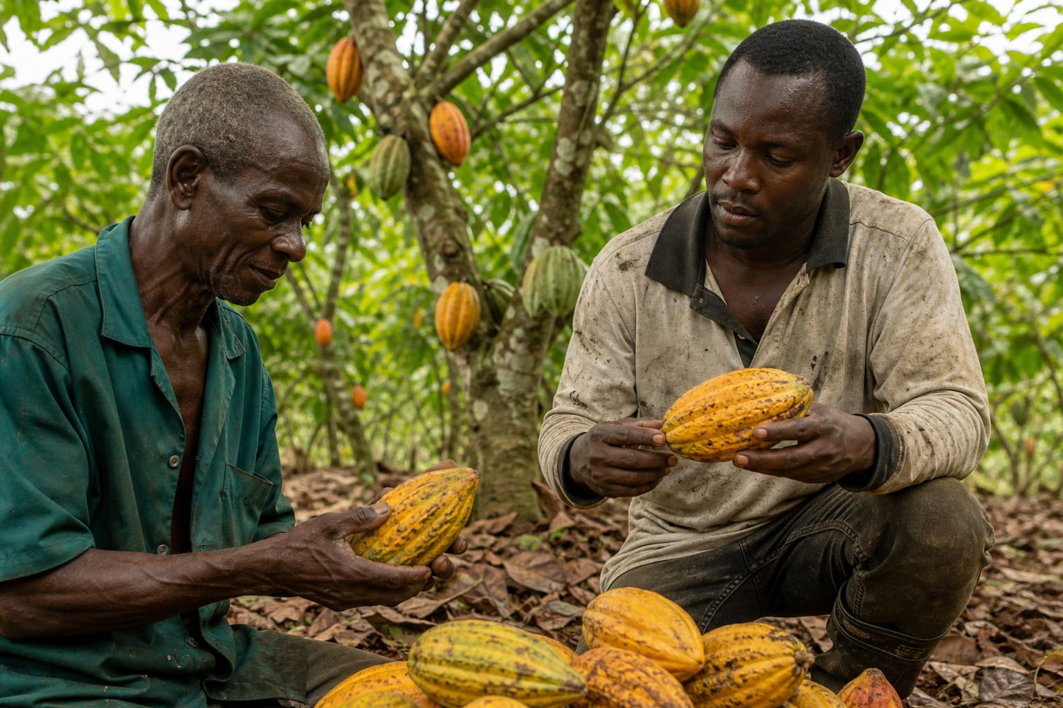 Ghanaian cocoa farmers inspecting freshly harvested pods